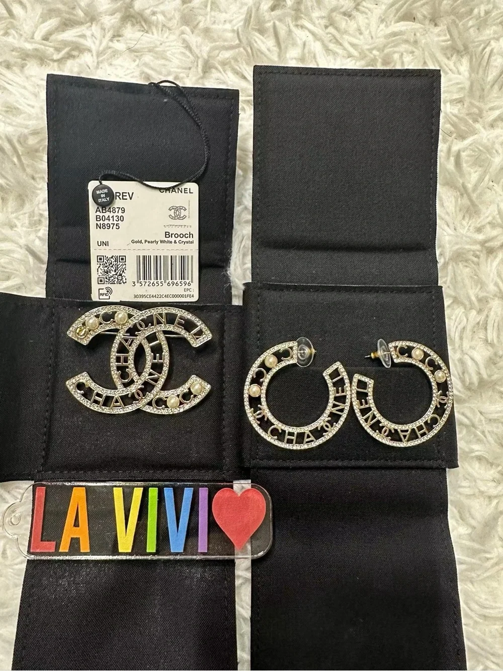CHANEL Gold Pearl & Crystal CC Logo Brooch and Earrings